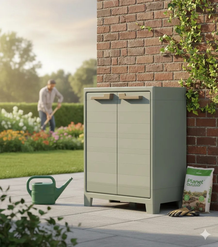 Armadio da Giardino 2 Ripiani 80x44x100 cm Keter Planet Outdoor Basso Grigio e Verde...