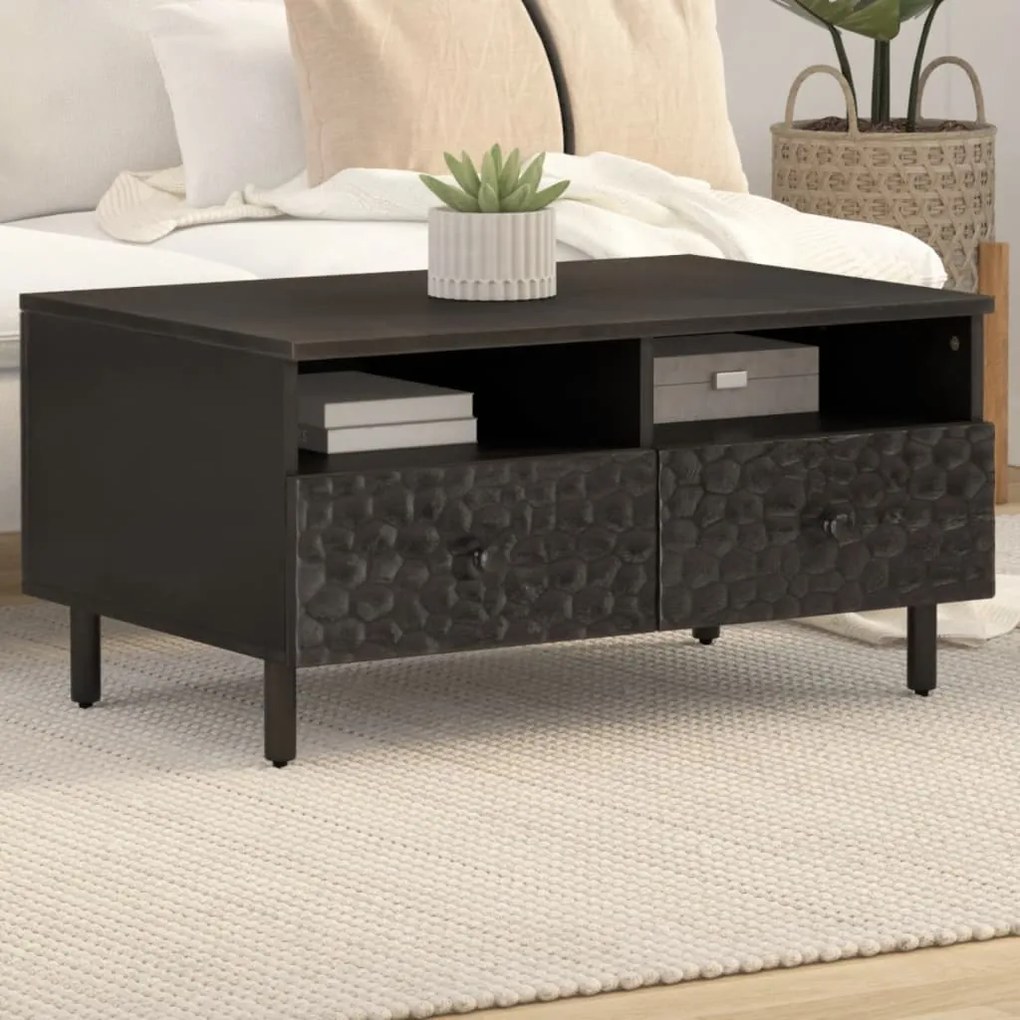 Tavolino Da Salotto Nero 80x54x40 Cm İn Legno Massello Di Mango /
