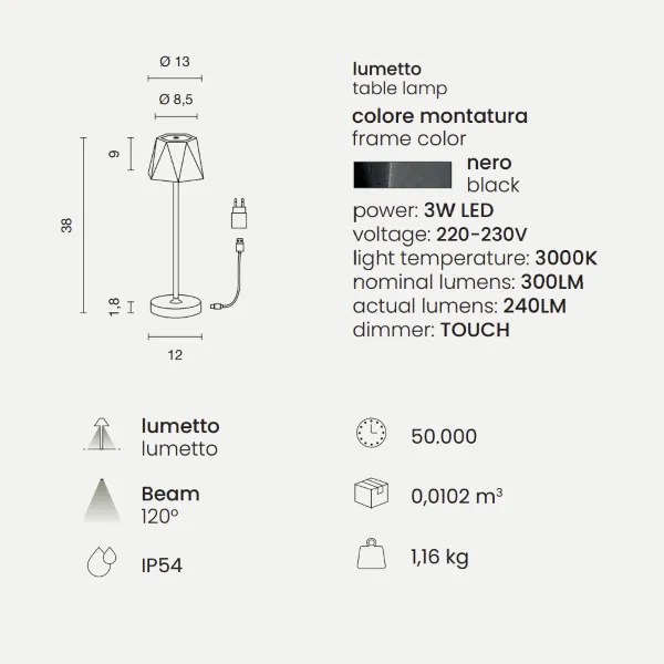 Lampada tavolo LED 12x38 cm ricaricabile USB touch senza fili FIJI Nero