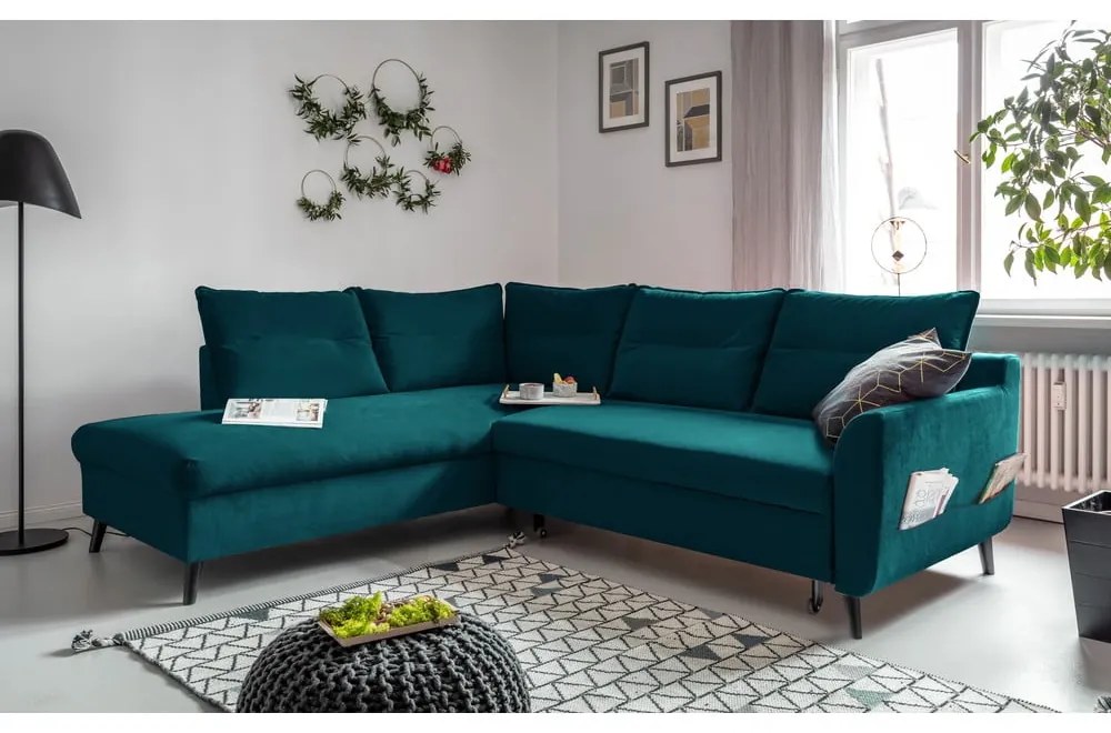Divano letto angolare in velluto turchese L, angolo sinistro Stylish Stan - Miuform