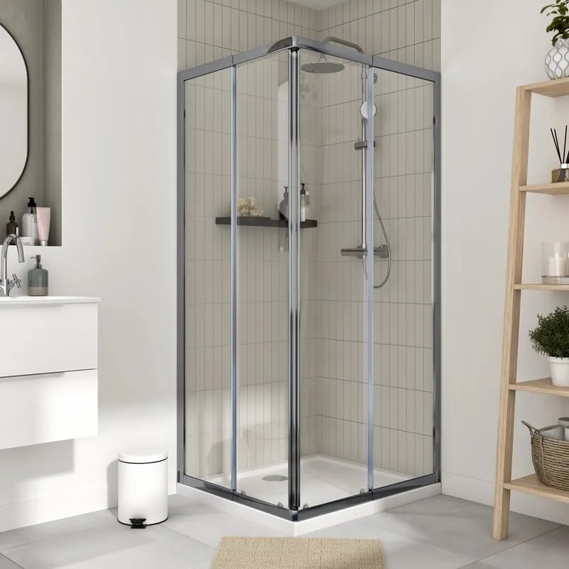 Box doccia con ingresso angolare scorrevole Essential rettangolare L 80 x L 90 x H 185 cm in vetro, sp. 4 mm vetro senza finitura / trasparente cromo