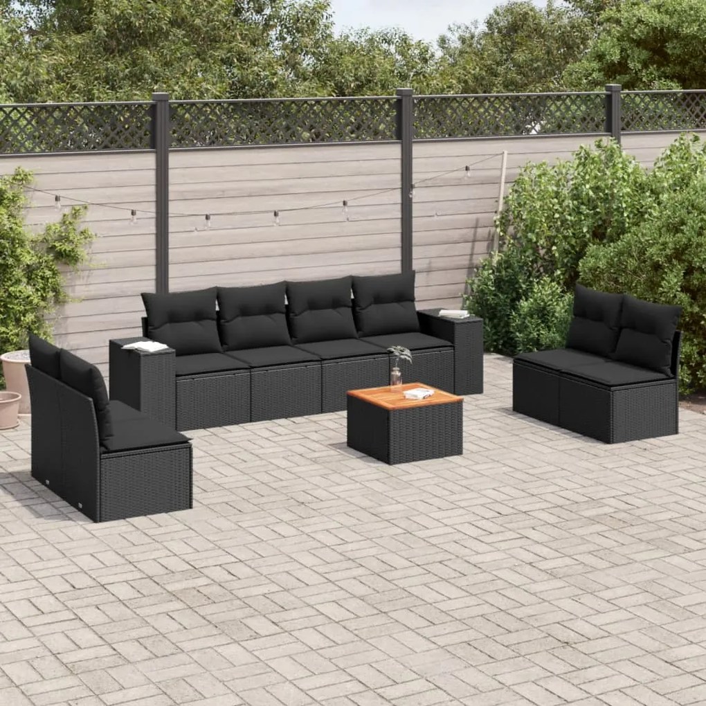 Set divani da giardino 9 pz con cuscini nero in polyrattan