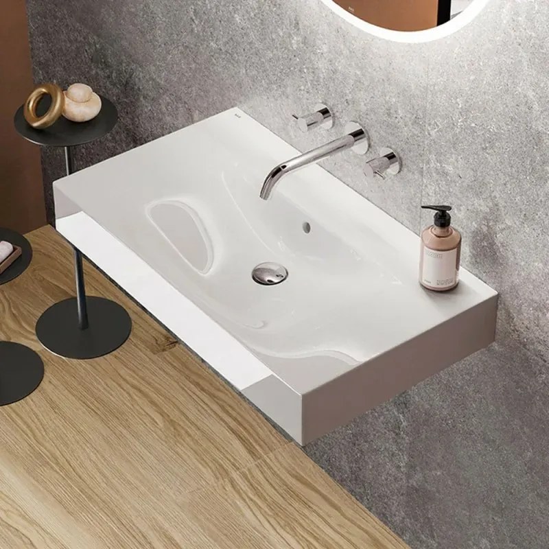 Lavabo sospeso 100cm rettangolare in ceramica bianca senza foro per rubinetto Rak Des