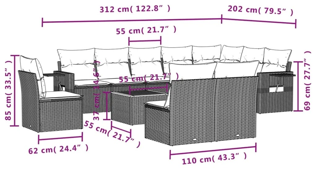 Set Divani da Giardino 11 pz con Cuscini in Polyrattan Nero