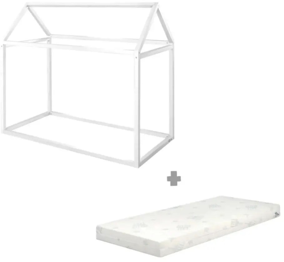 Letto da bambini a forma di casa bianco in pino massiccio con materasso incluso e rete non inclusa 70x140 cm House Bed – Roba