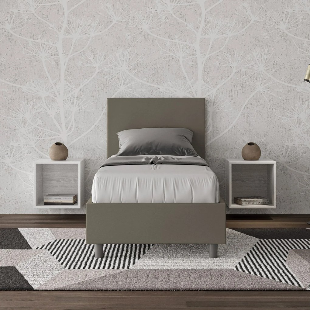 Letto singolo imbottito similpelle Adele senza rete, con rete e contenitore, Cappuccino / Contenitore