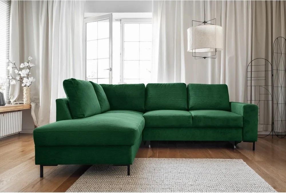 Divano letto in velluto a coste verde scuro (angolo sinistro) Lofty Lilly - Miuform