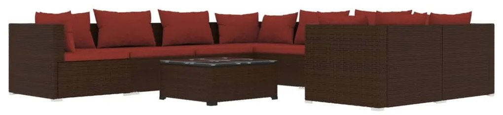 Set divani da giardino 9 pz con cuscini in polyrattan marrone