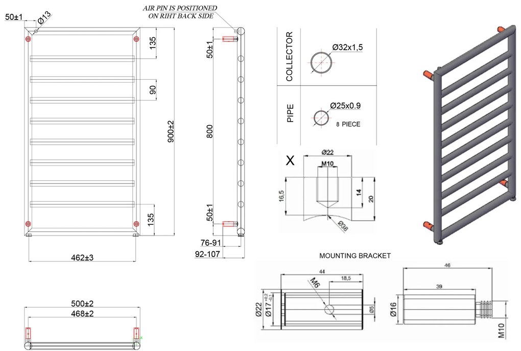 New Line R2 Radiatore Scaldasalviette 50x90 Cm 336w 10 Tubi Interasse 462 Mm In Ottone Nero Opaco