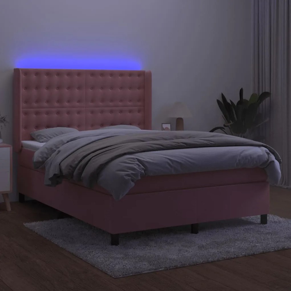 Letto a molle con materasso e led rosa 140x200 cm in velluto