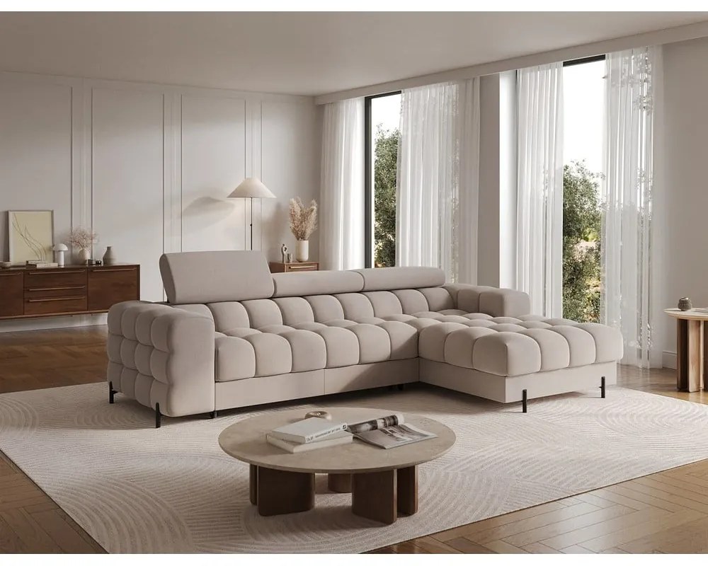 Divano angolare beige allungabile/con contenitore (con penisola a destra/con chaise lounge) e rivestimento in velluto Felro – ELTAP