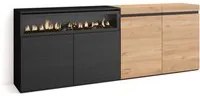 Credenza Mobile Cucina 200x75x35cmcon con 4 Porte Camino elettrico, Stile moderno, Rovere e nero