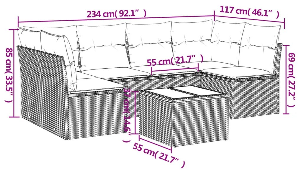 Set divani da giardino 7 pz con cuscini grigio in polyrattan