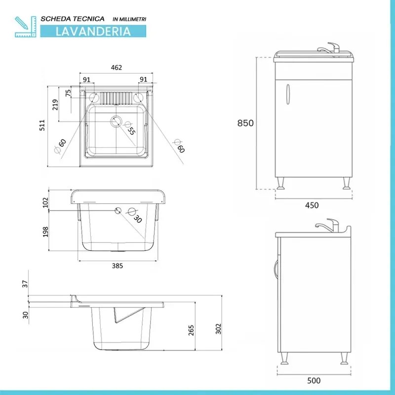 Set da 45 cm con lavatoio colonna e pensile in legno bianco Fedra
