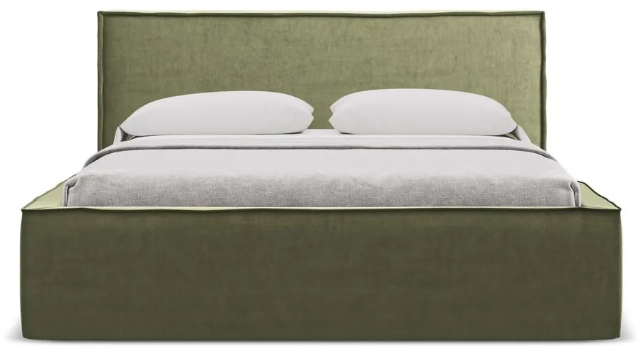 Letto matrimoniale imbottito verde con contenitore con griglia 140x200 cm Anani - Makamii
