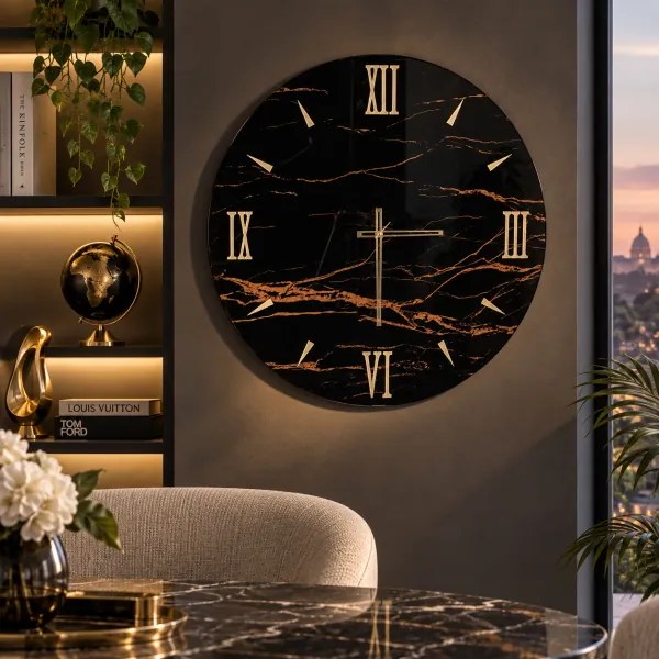 Orologio rotondo D65 cm in vetro temperato effetto marmo Nero - TOHE
