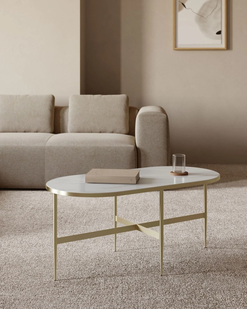 Kave Home - Tavolino Elisenda in vetro bianco e struttura in acciaio finitura oro 100 x 50 cm