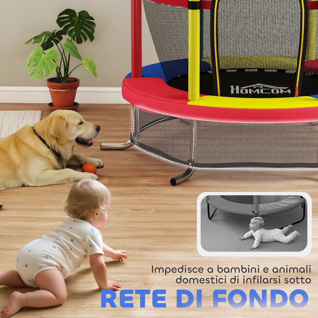 Trampolino per Bambini 3-6 Anni Ø160x190 cm con Rete di Sicurezza Senza Molle Multicolore...