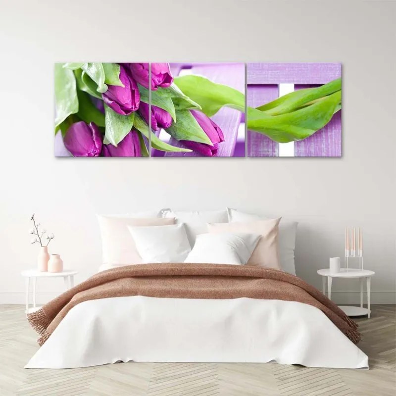 Quadro su tela 3 pezzi Fiori di tulipani rosa  Dimensioni 150x50