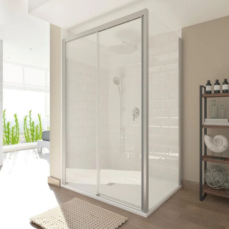 Box doccia con ingresso frontale scorrevole L 100 x H 200 cm, in vetro trasparente SP. 8 mm, profilo argento cromato Style