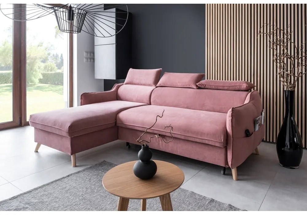 Divano letto angolare in velluto rosa chiaro (angolo sinistro) Sweet Harmony - Miuform