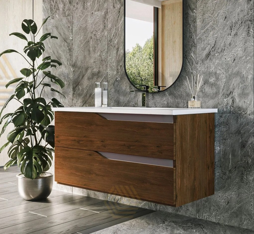 Mobile bagno noce tortora opaco 100x46 Gaia due cassetti con lavabo ad incasso e maniglie sagomate