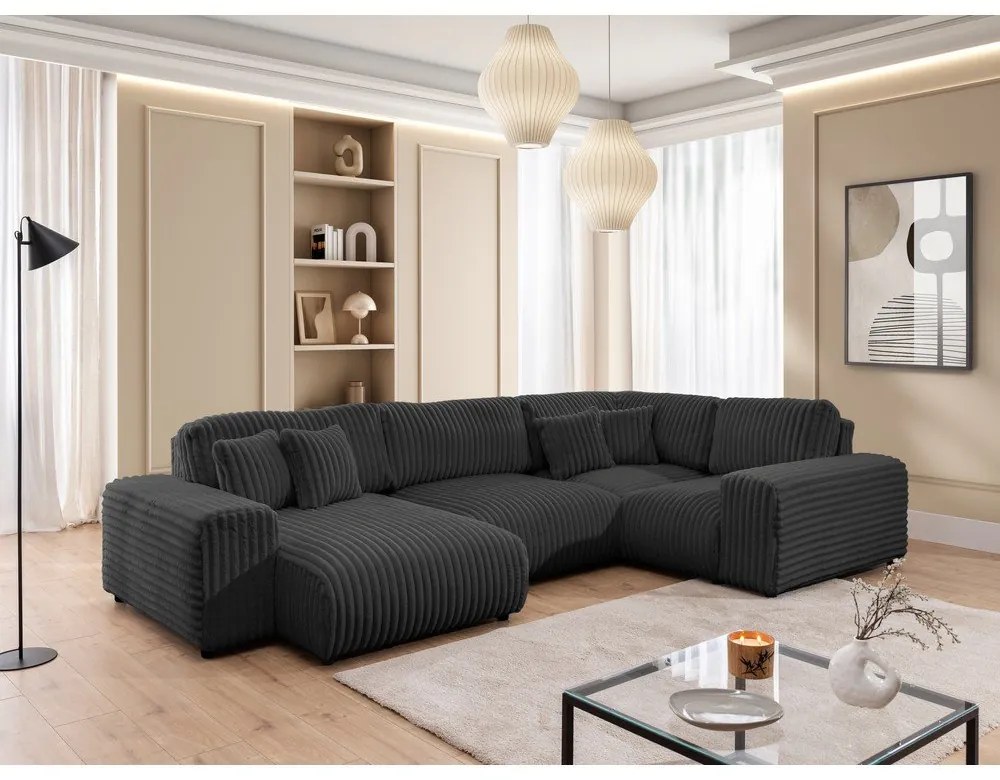 Divano angolare grigio scuro (con penisola a destra/a U) rivestito in velluto a coste Justin – Ropez