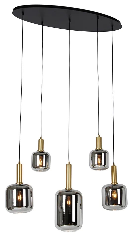 Lampada a sospensione intelligente nera con oro e vetro fumé ovale 5 luci incl. 5 Zigbee A60 - Zuzanna