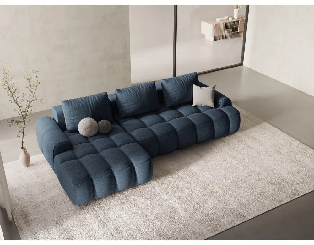 Divano angolare blu scuro allungabile/con contenitore (con penisola a sinistra/con chaise lounge) Linz – Cosmopolitan Design