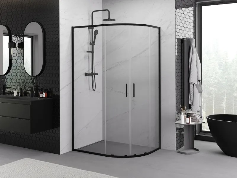 Mexen Exo-S Duo cabina doccia semicircolare asimmetrica scorrevole 90 x 80 cm, trasparente, nera - 8132-090-080-70-00