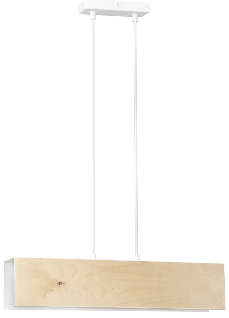 Lampadario 2 Luci Merlino In Acciaio Bianco Corpo Rettangolare E Legno Naturale