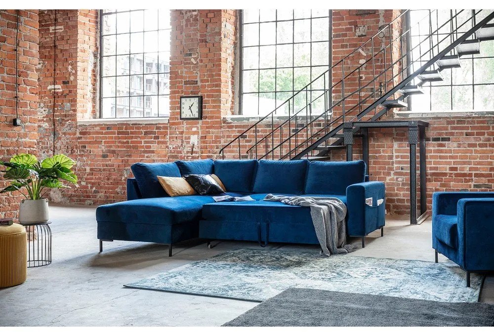 Divano letto angolare in velluto blu scuro (angolo sinistro) Lofty Lilly - Miuform