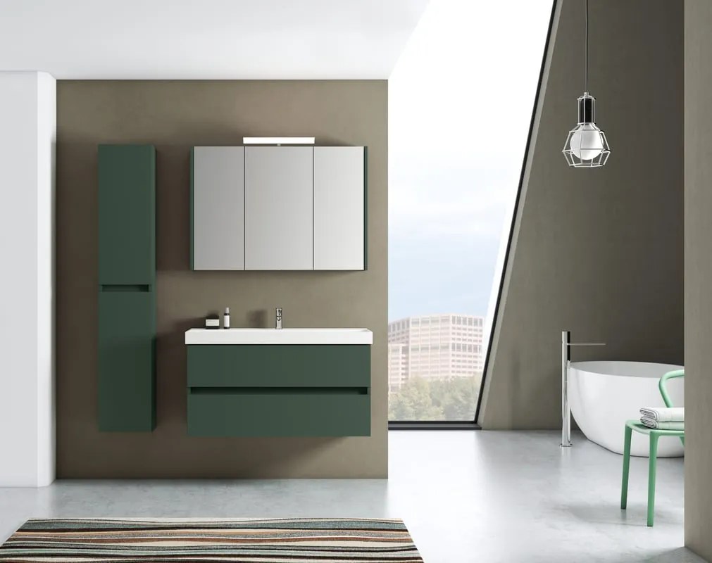 Mobile bagno sospeso con lavabo L 99.5 x H 50 x P 45.5 cm laccato opaco verde foresta 2 cassetti per vasca centrale Kora
