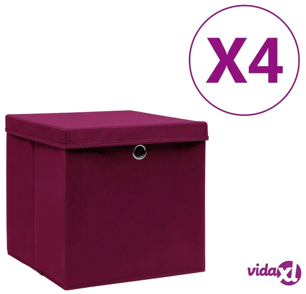 vidaXL Contenitori con Coperchi 4 pz 28x28x28 cm Rosso Scuro