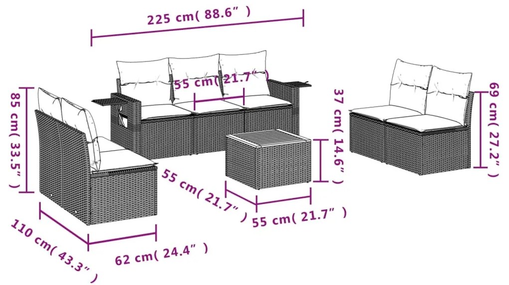 Set divano da giardino 8 pz con cuscini beige misto polyrattan