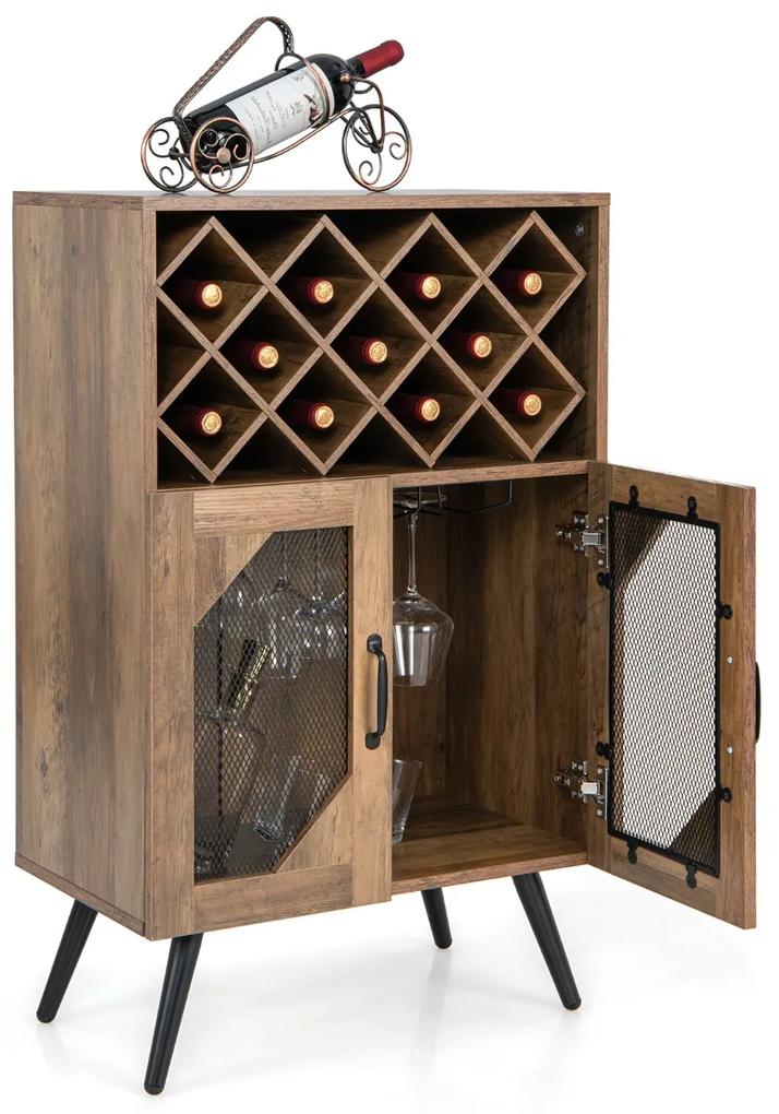 Costway Cantinetta vino industriale con portabottiglie rimovibile, Credenza da cucina con 2 ante in rete Marrone rustico
