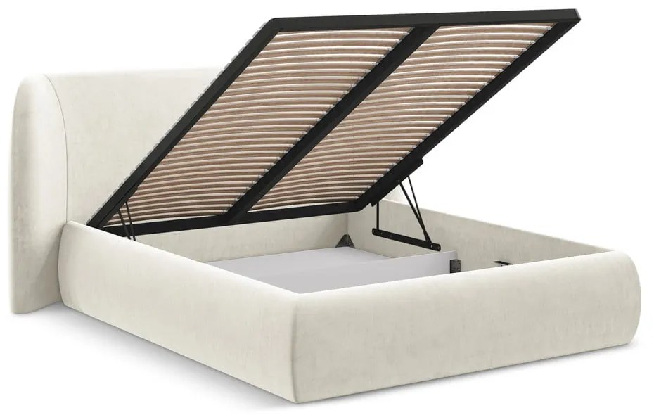 Letto matrimoniale imbottito crema con contenitore con griglia 140x200 cm Hauke - Makamii