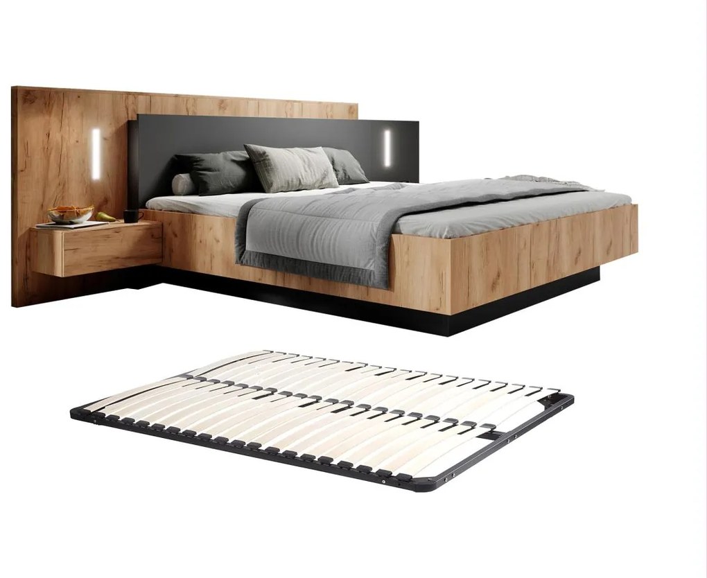 Letto con comodini 160 x 200 cm 2 cassetti Con LED Naturale e Antracite + Rete - FRANCOLI