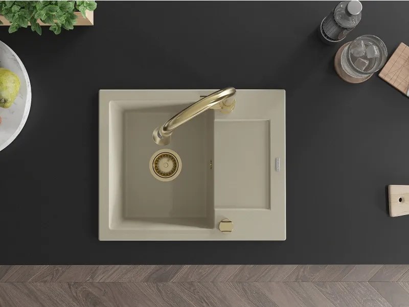 Mexen Enzo lavello in granito a 1 vasca con scolapiatti e rubinetto da cucina Elia, beige - 6506-69-670101-50