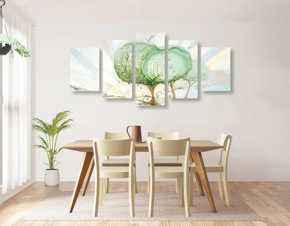 Quadri 5 pezzi – Alberi su campo pastello