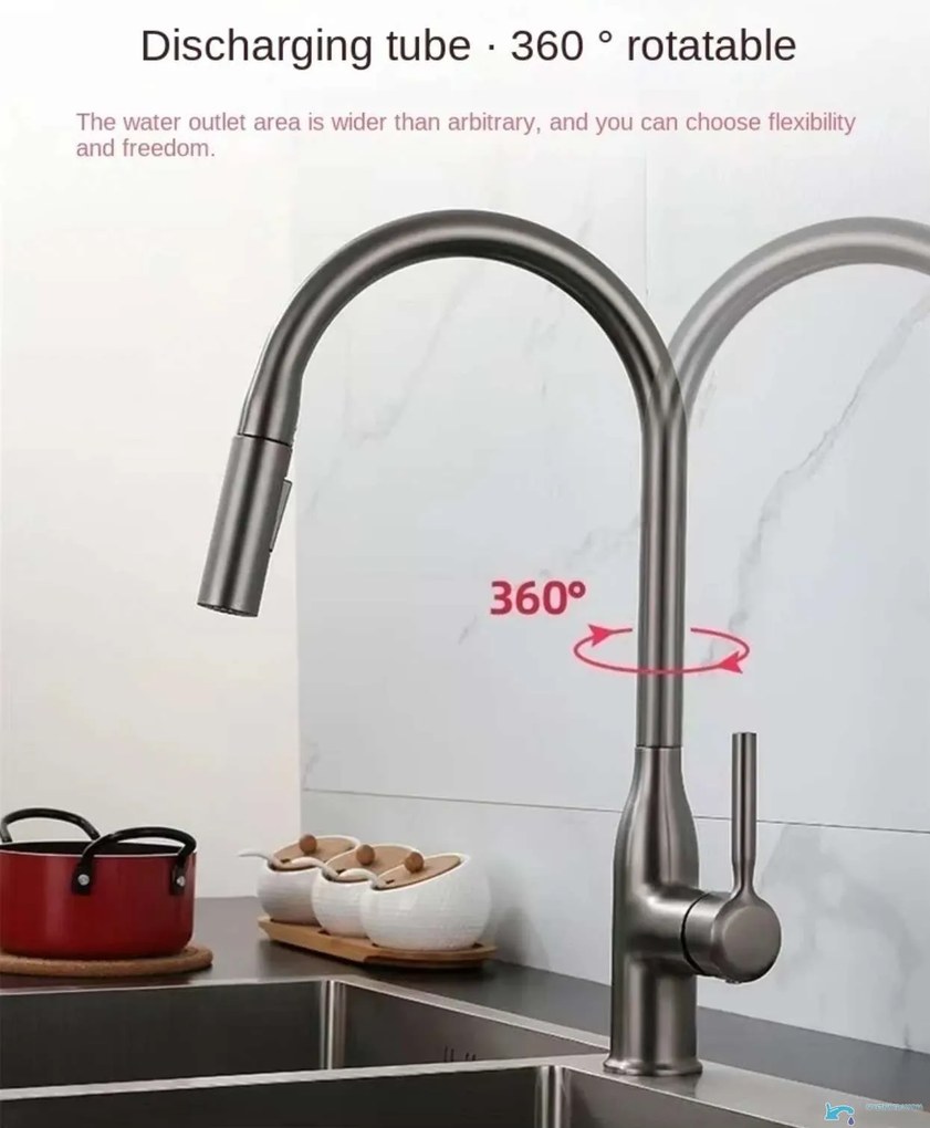 Rubinetto da cucina EYN KS15174 da piano con doccetta estraibile multigetto, bocca girevole e più finiture — Grigio gunmetal