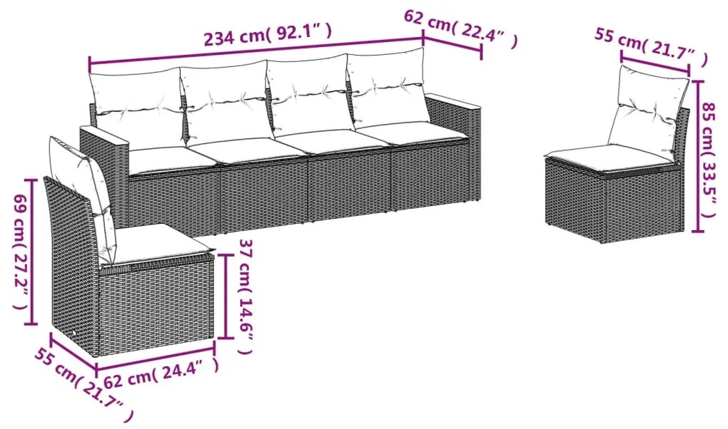 Set divano da giardino 6 pz con cuscini nero in polyrattan