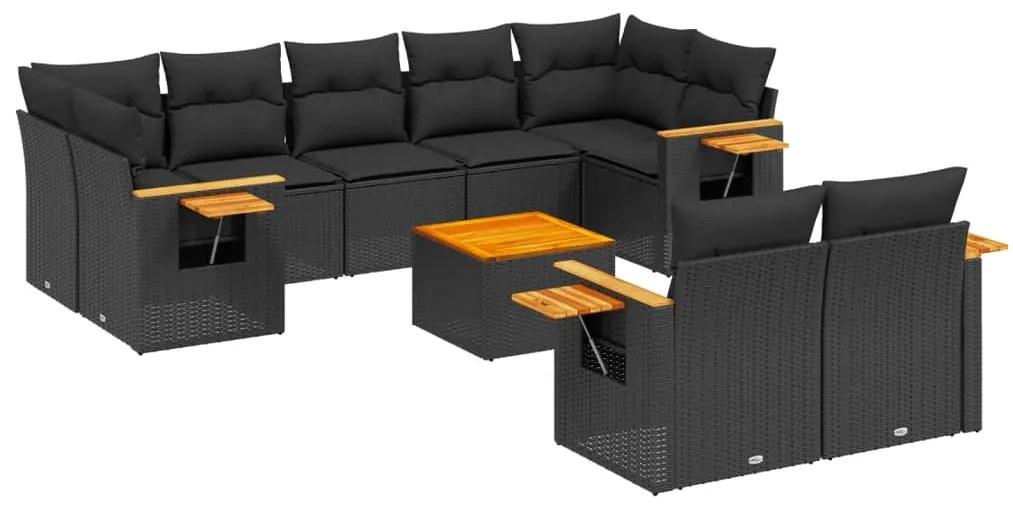 Set Divani da Giardino 10pz con Cuscini in Polyrattan Nero