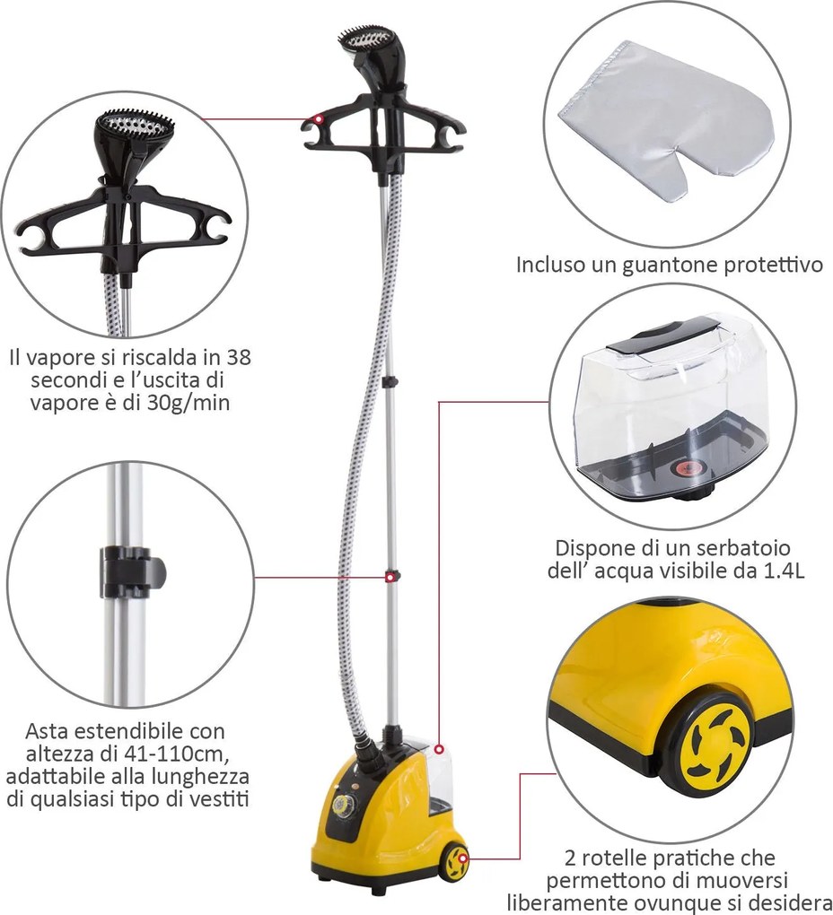 Stiratrice a Vapore Verticale Professionale 1.4L 1800W Giallo...