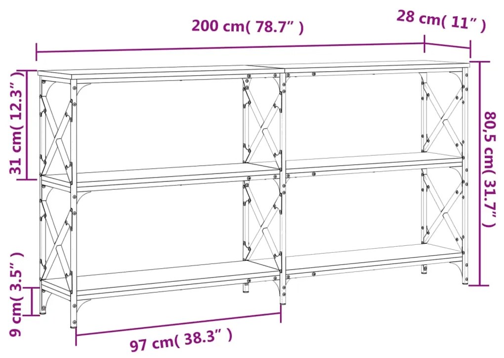 Tavolo Consolle Rovere Marrone 200x28x80,5 cm Legno Multistrato