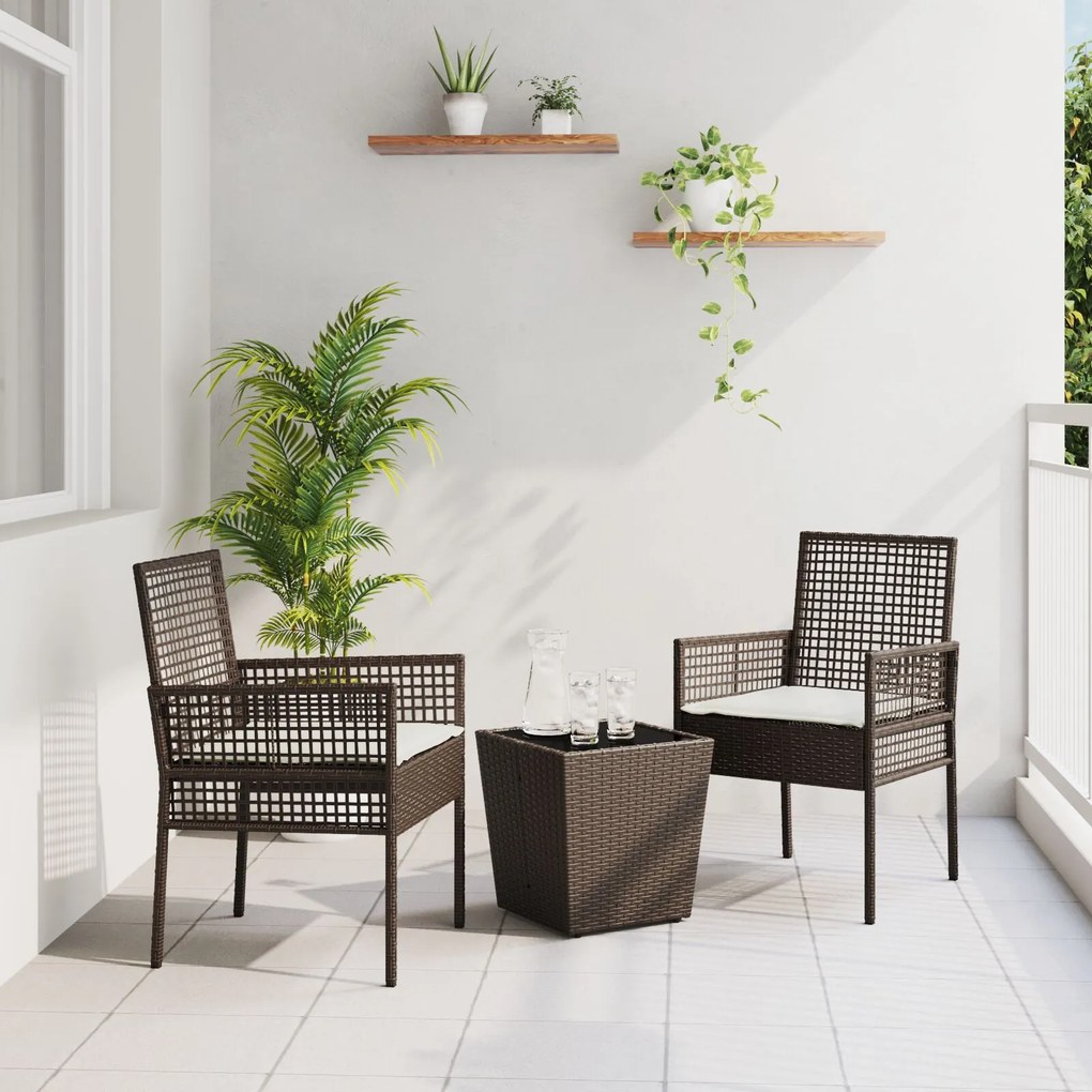 Set bistro da giardino a 3 pezzi con cuscini marrone in polyrattan