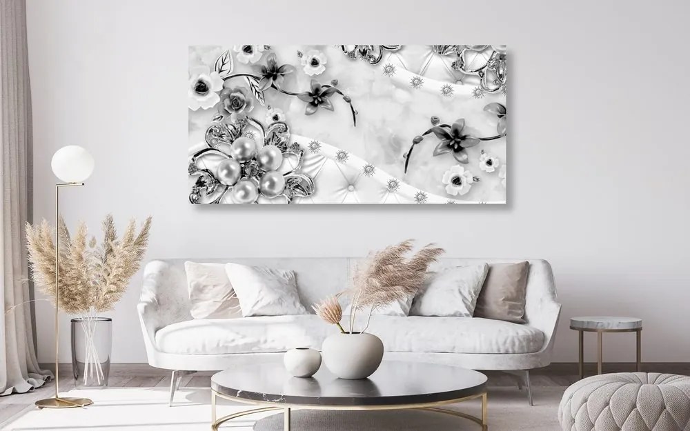 Stampa su tela – Gioielli floreali di lusso in bianco e nero