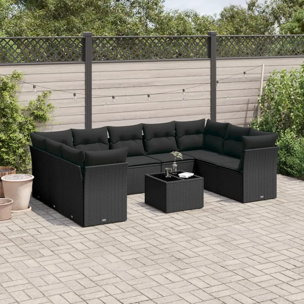 Set divani da giardino 10pz con cuscini in polyrattan nero