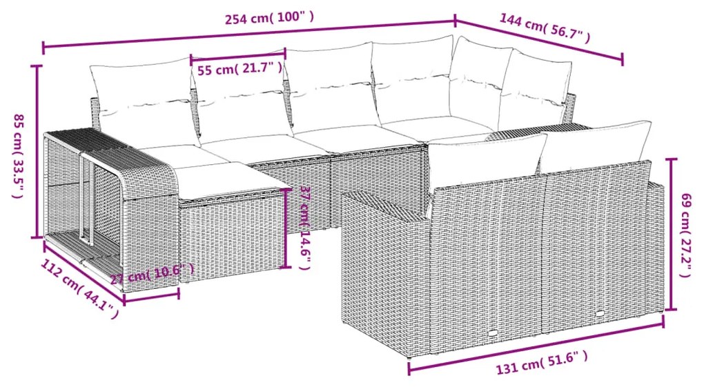 Set divano giardino 10 pz con cuscini grigio chiaro polyrattan