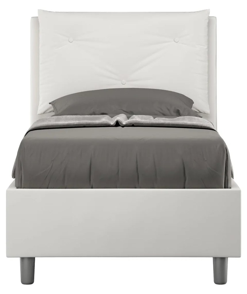 Letto singolo imbottito similpelle Appia senza rete, con rete e contenitore, Bianco / Con Rete